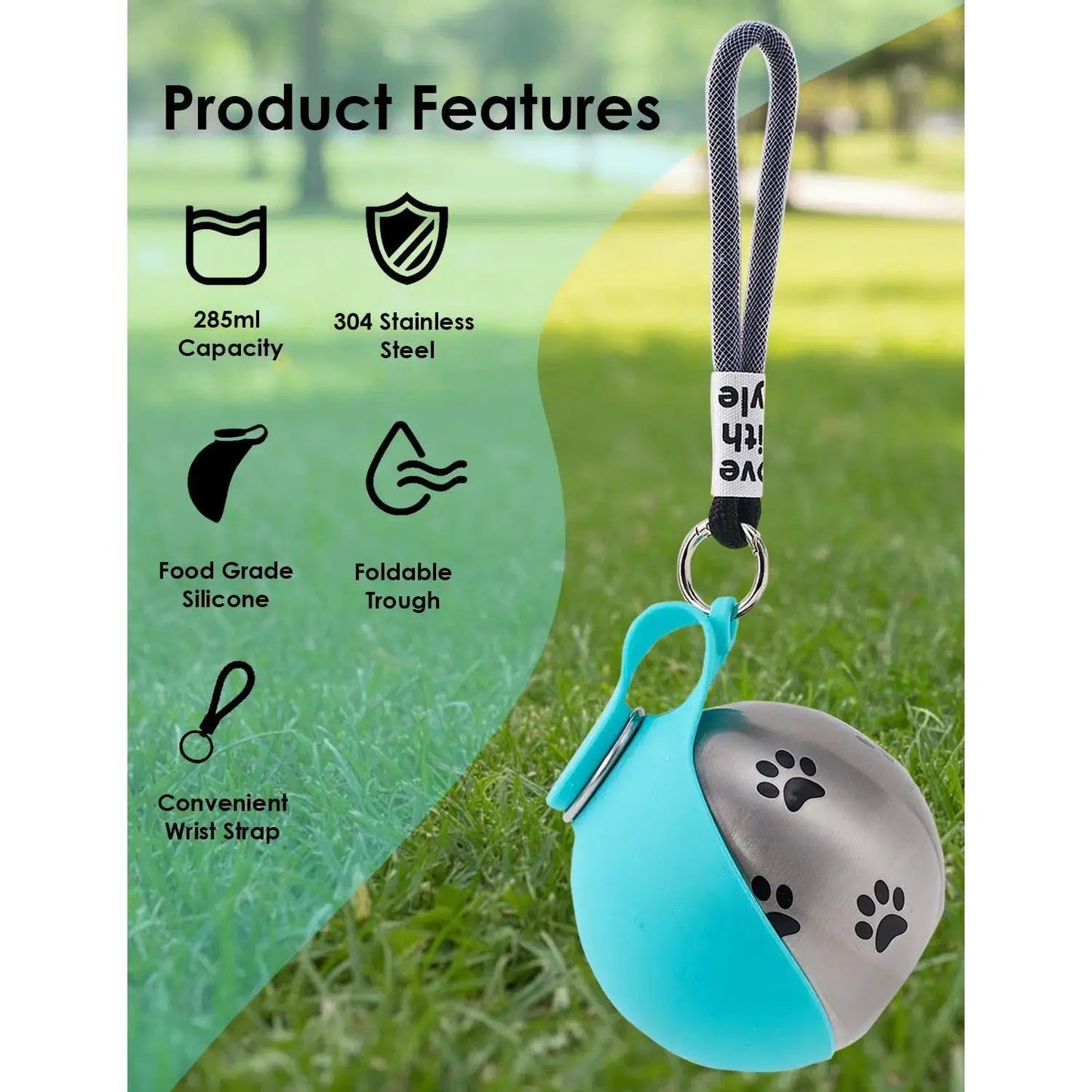 Stainless Pet Water Bottle with Drinking Basin — 285Ml Leak-Proof Travel Bottle for Dogs & Cats Perfect for Walks, Road Trips & Outdoor Play